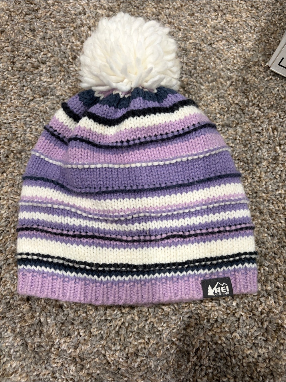 REI Kids Lavender, White & Black Striped Pom Beanie